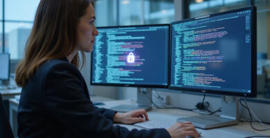 Professional using OpenClaw Governance Framework on dual monitors