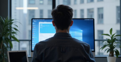 Modern office with professional using OpenClaw Security Solutions on computer