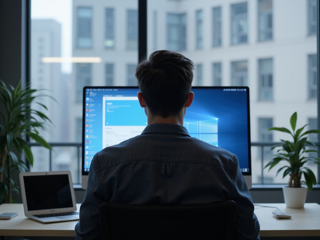 Modern office with professional using OpenClaw Security Solutions on computer