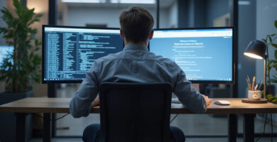 Person analyzing OpenClaw vs Browser Use Security on dual monitors