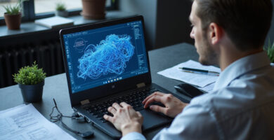 OpenClaw Threat Model blueprint on laptop in sleek tech workspace