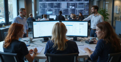 Diverse team working on OpenClaw vs LangChain Security in tech environment